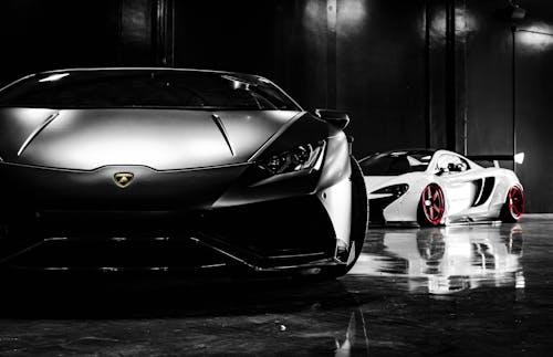 New contemporary shiny gray and white sports cars in black garage with reflected floor
