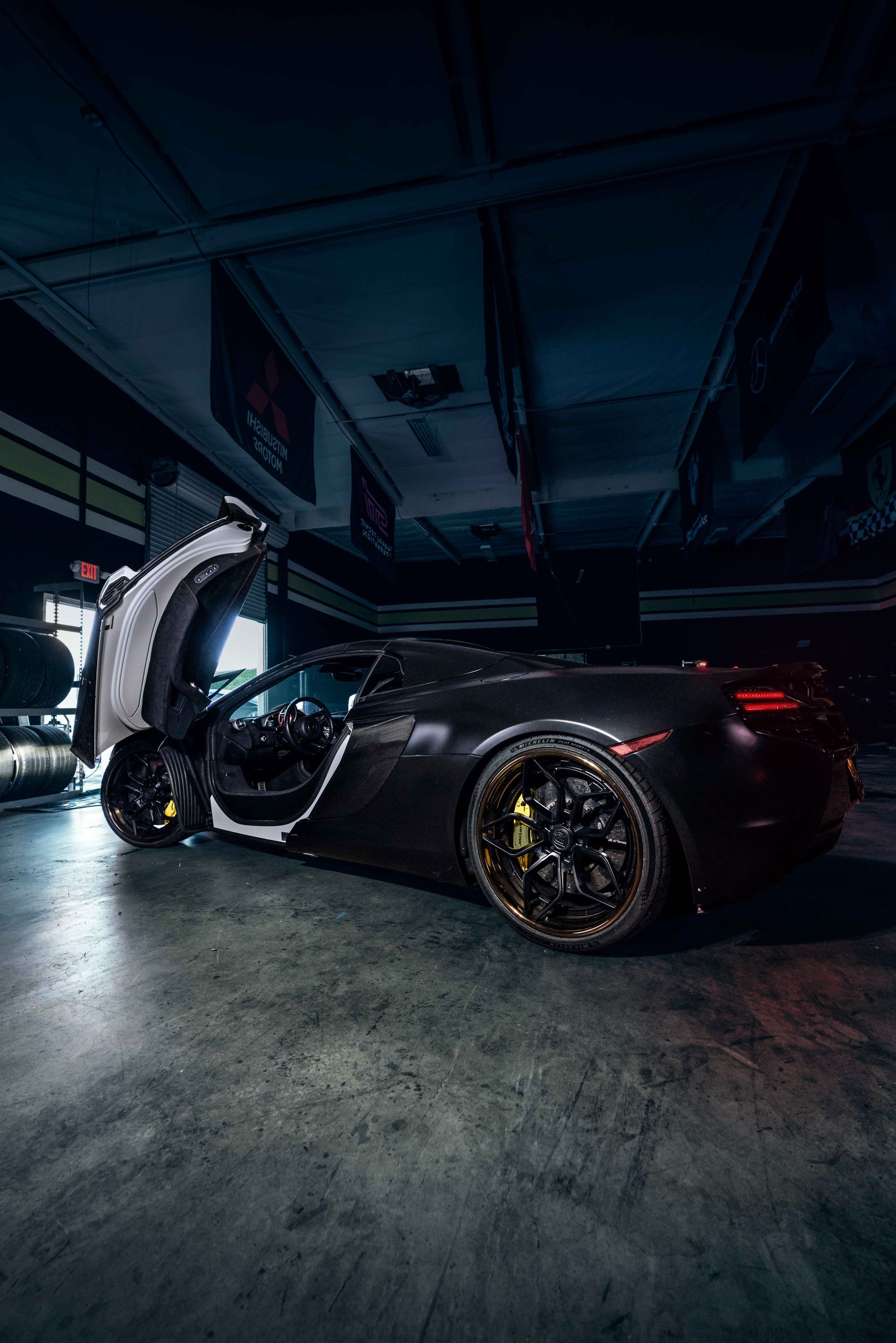 Performance car in dark garage