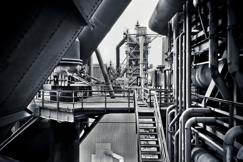 black-and-white, factory, industrial plant