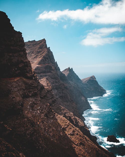 Amazing blue ocean surrounded by high rocky mountains