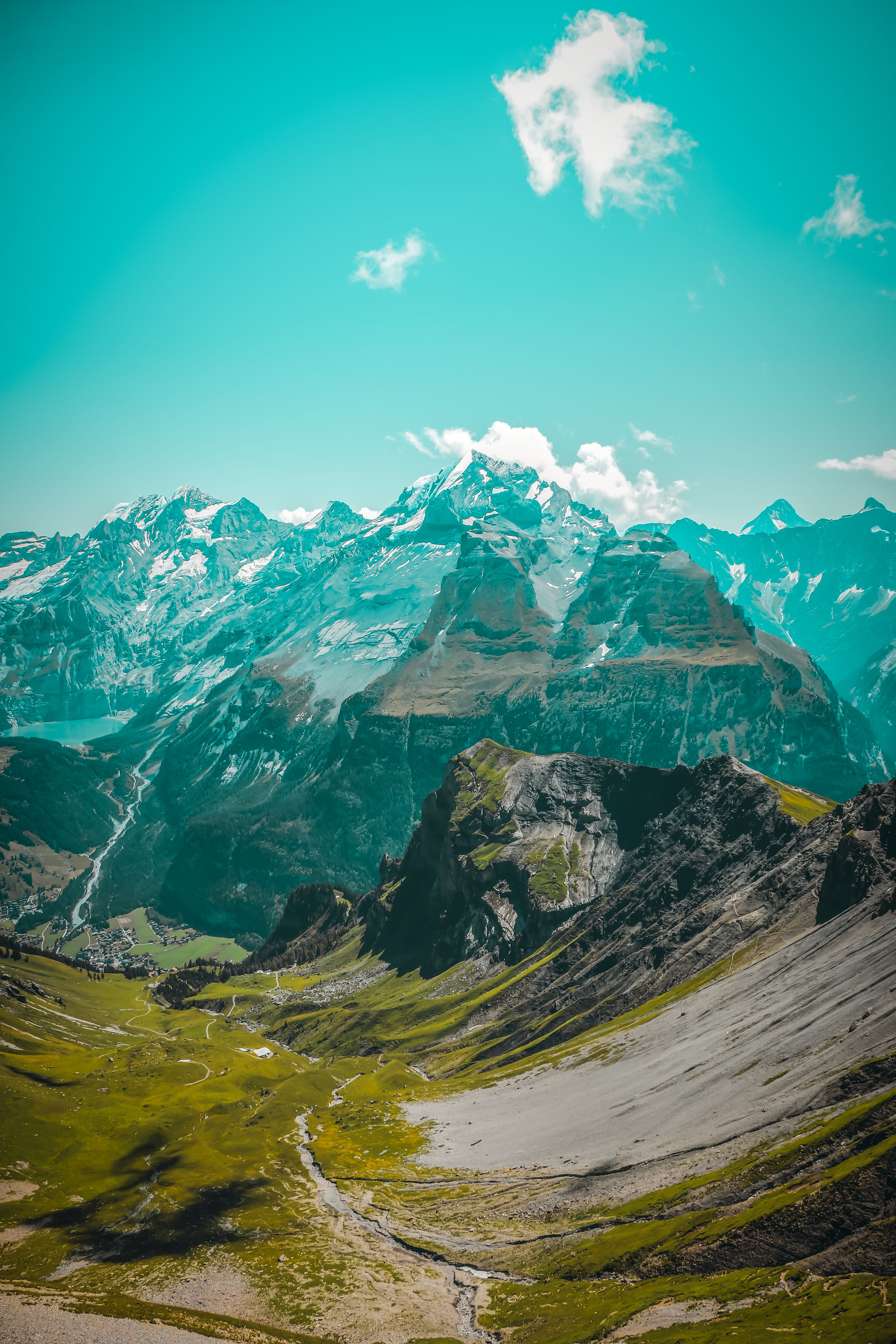 Breathtaking alpine landscape of the Swiss Alps in Kandersteg captured on a clear day.