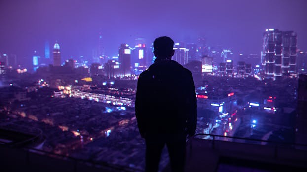 Silhouette of a man standing on a rooftop, overlooking the illuminated Shanghai cityscape at night.