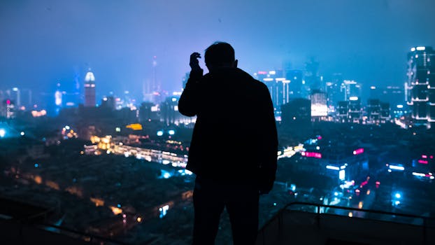 Silhouette of a man on a rooftop overlooking Shanghai's vibrant city lights at night.