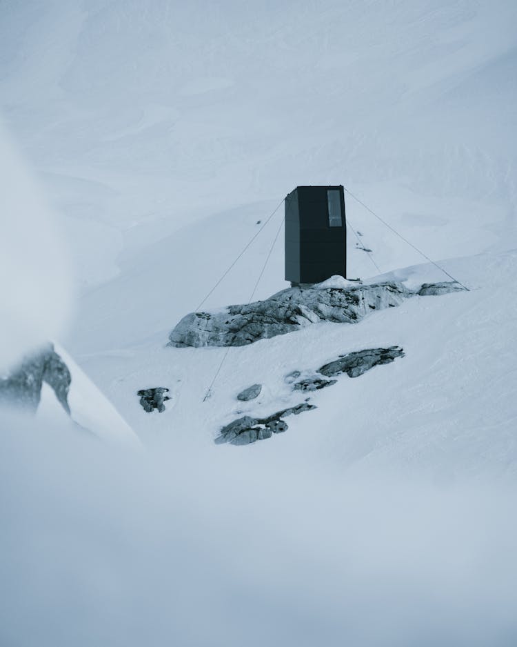 Expedition Booth Placed On Stone On Snowy Mountain Slope