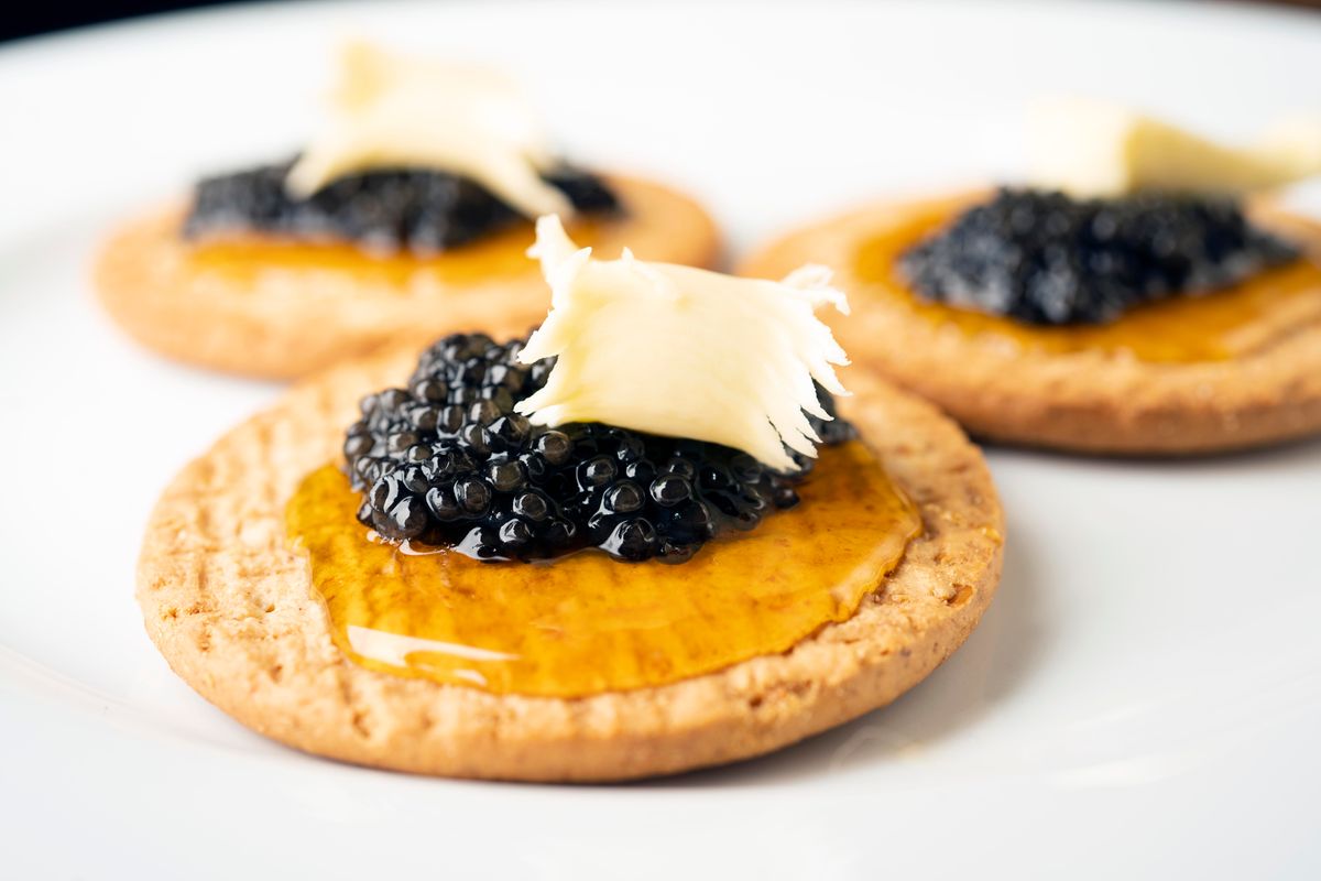 English sparkling wine paired with caviar-topped scrambled eggs at Easter brunch