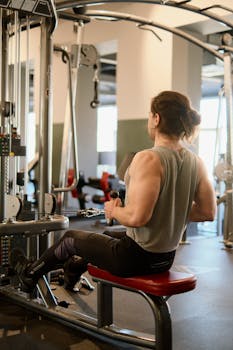 A man exercises on gym equipment, focusing on strength training and fitness.