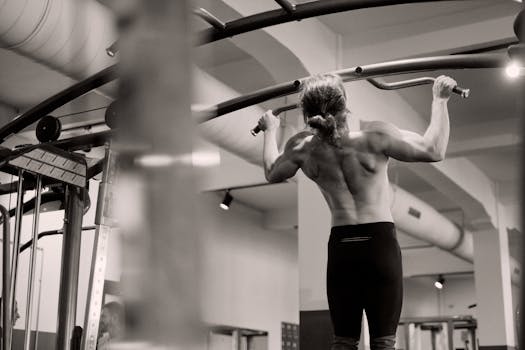 Focused on a man doing pull-ups in a gym, showcasing strength and fitness.