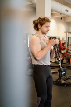Adult male working out with gym equipment, showcasing strength and fitness.