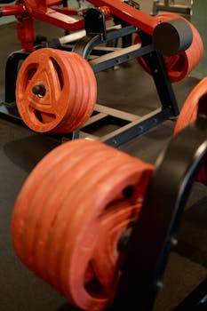 Close-up view of red weightlifting plates on gym equipment, ideal for fitness stock photos.