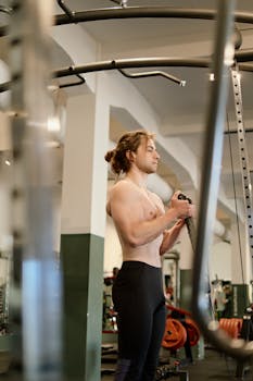 Topless man working out in a gym using exercise equipment, showcasing strength and fitness.