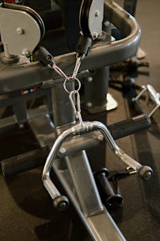 Detailed view of exercise machine showing cables and handles in a gym setting.