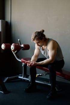 Caucasian man sitting on gym bench, looking tired after workout. Indoor fitness setting.