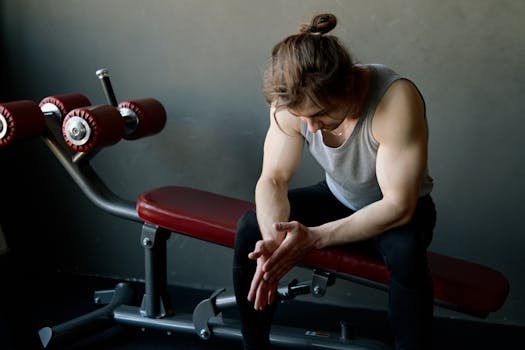 A tired man in a fitness gym sitting on a bench, contemplating between workouts.