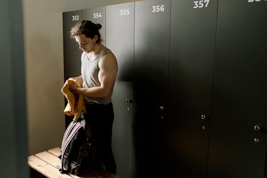 A fit young man with a duffel bag in a locker room, ready for a workout session.