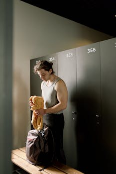 Young man in gym locker room with backpack, preparing for workout, showcasing fitness lifestyle.