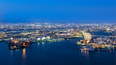 夜晚俯瞰这座充满活力的城市，可见发光的摩天轮和明亮的海滨点缀天际线