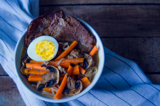 Bacon-Loaded Ramen Noodle Soup with Mixed Vegetables