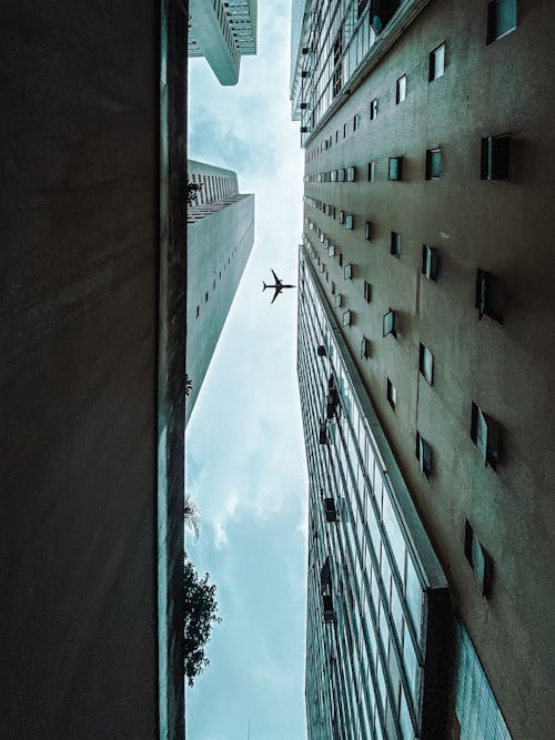 Low Angle of Airplane Flying Over  Buildings