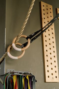 Close-up of gymnastic rings and rope in a fitness gym setting, ideal for strength training.