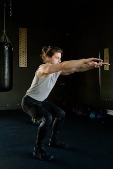 A young man performing squats in an indoor gym setting focusing on fitness and strength training.
