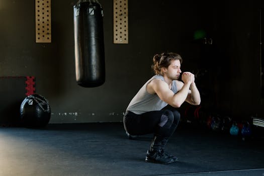 A man is doing squats in a gym with a punching bag. The setting appears stylish and focused on fitness.