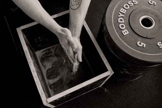 Monochrome image of hands applying chalk before lifting weights with visible tattoo and weight plates.