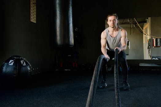 Focused young man engages in a rope workout inside a gym, enhancing strength and fitness.