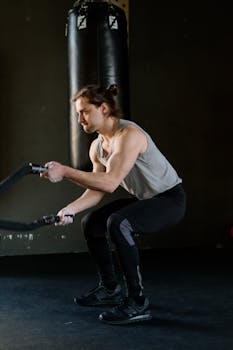 Athletic man doing intense battle rope workout inside a gym to build muscle and stamina.