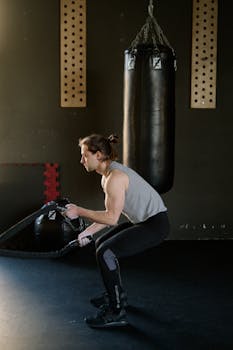 Adult male performing intense battle rope exercise in gym setting. Strength and fitness focus.