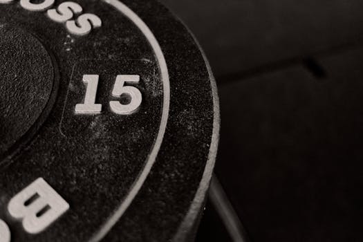 Detailed close-up of a 15-pound weight plate in a gym setting, perfect for workout enthusiasts.