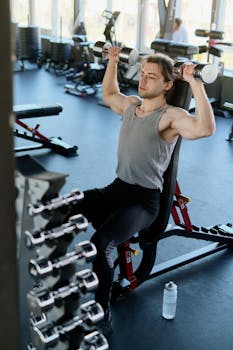 Adult male performing strength training with dumbbells in a modern gym setting, focused on fitness and health.