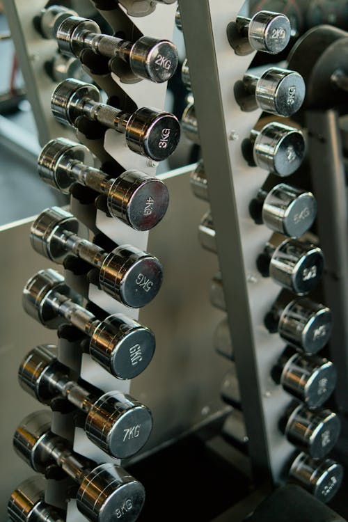 Silver Dumbbells on Rack