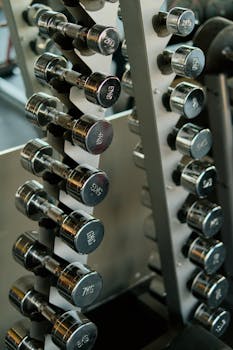 Close-up of chrome dumbbells neatly organized on a rack in a modern gym.