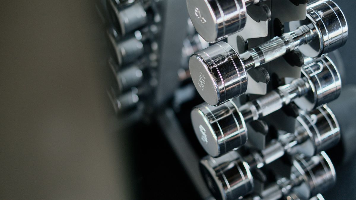 Close-up of chrome dumbbells neatly arranged on a rack in a modern fitness gym.