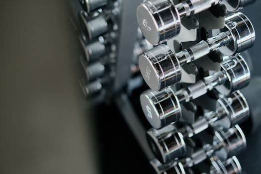 Close-up of chrome dumbbells neatly arranged on a rack in a modern fitness gym.