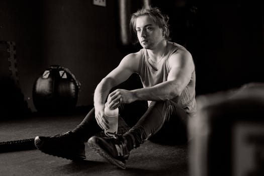 A young man sitting in a gym, resting after an intense workout session, holding a water bottle.