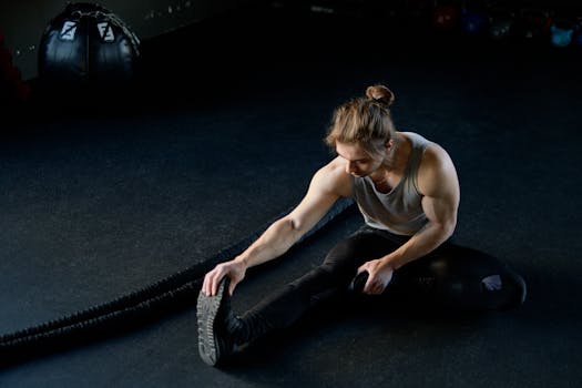 Muscular male athlete stretching on gym floor with battle ropes.