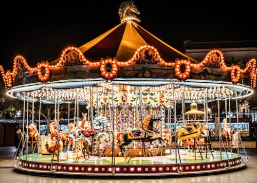 A Carousel in the Amusement Park at Night