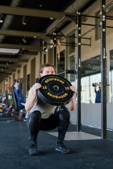Athletic man performing squats with a weight plate in a modern fitness gym environment.