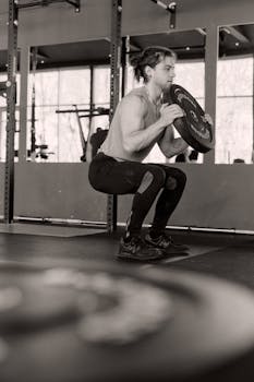 A man doing squats with a weight plate in a modern gym setting.