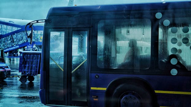 A passenger bus at Mumbai airport on a rainy day, showcasing transportation amidst wet weather.