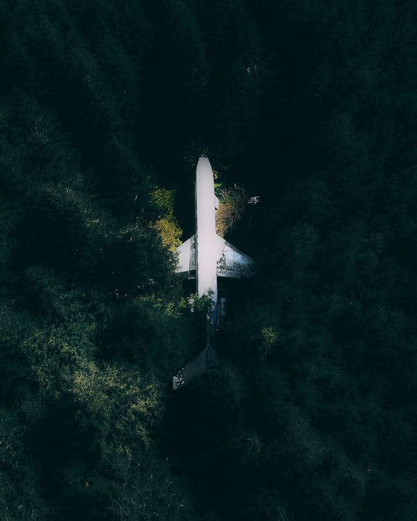 Drone view of modern white broken abandoned plane crashed in green dense forest
