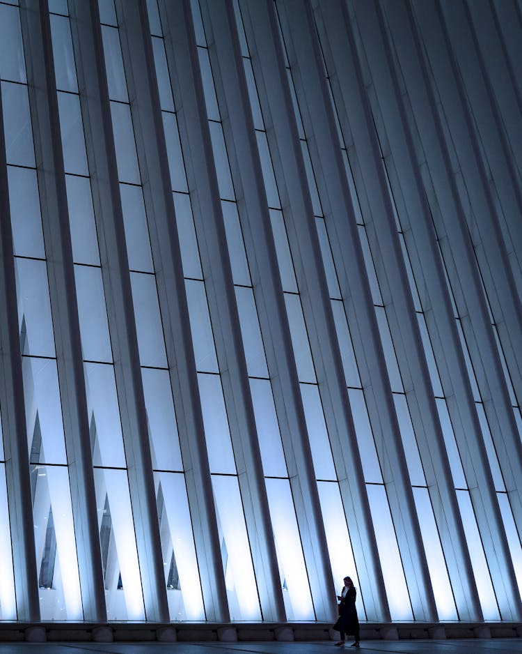 Woman Walking Along Modern Geometric Wall Of Building