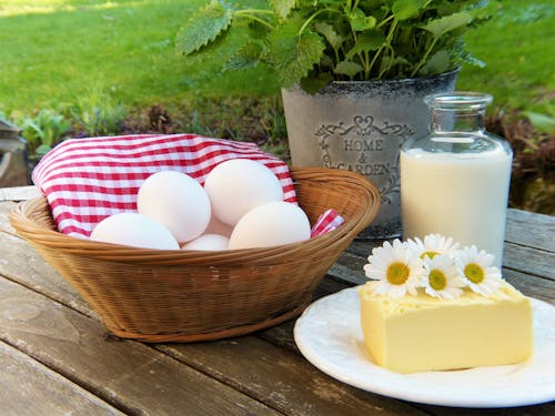 Eggs in Basket and Cheese on White Plate
