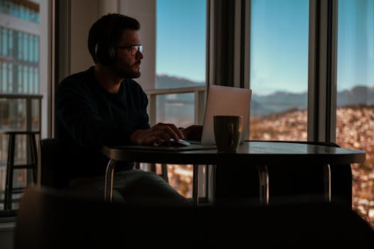 Adult male working on laptop with headphones, enjoying scenic view from home.