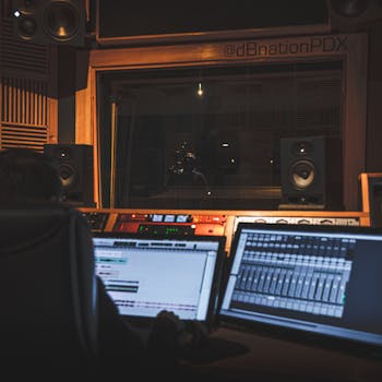 A modern music studio featuring a professional engineer at the mixing desk during a recording session.
