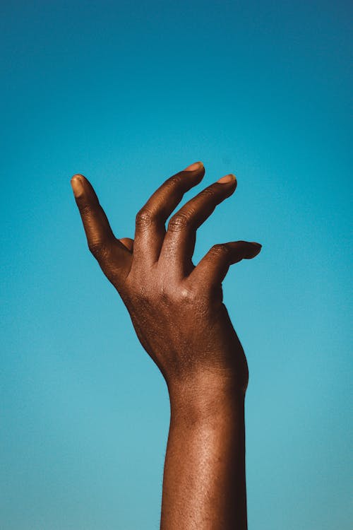 Crop unrecognizable African American person standing with raised hand with perfect shining skin creating contrast on blue wall in apartment