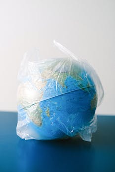 A globe encased in a plastic bag symbolizing environmental issues, recycling, and pollution.