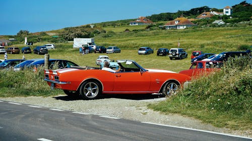 Motor Vehicles Parked on the Grass Field