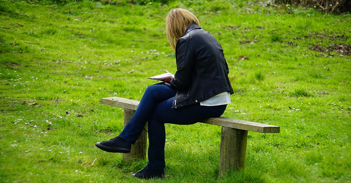 person sitting on a park bench reading a book, calm atmosphere